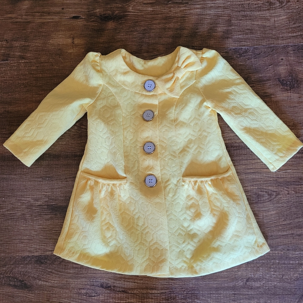 Girls Baby Coat Size 12 Months Yellow Formal Bow Button Down Peacoat Party